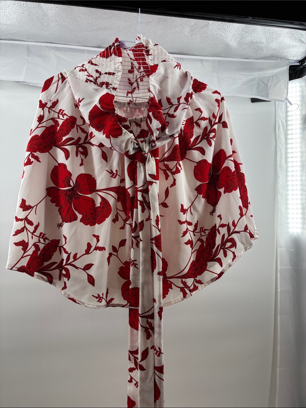 Floral Tie-Neck Red and White Women's Dress
